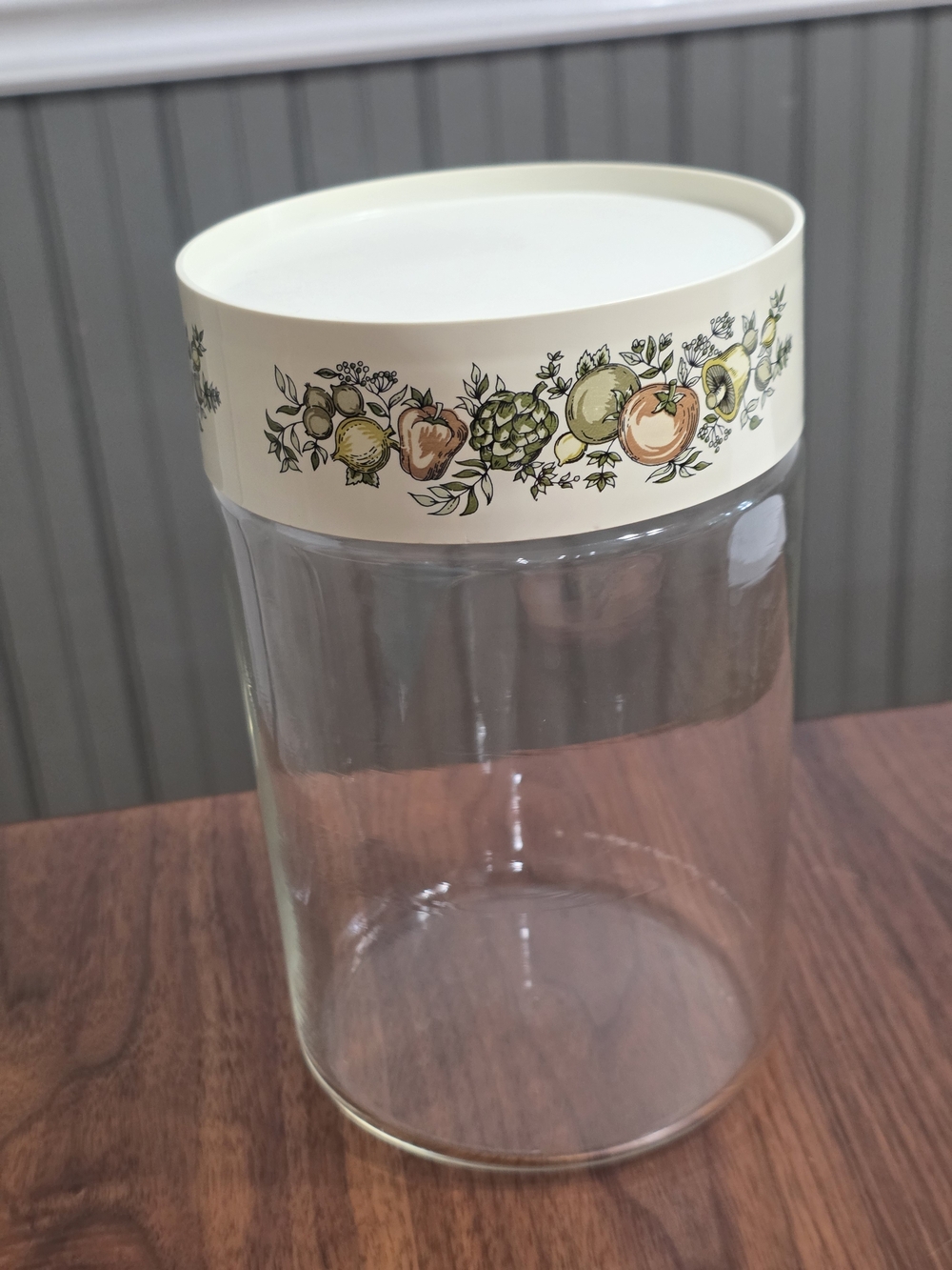 Pyrex Cream-Lid Glass Canister with Fruit Motif Vintage 70s Harvest